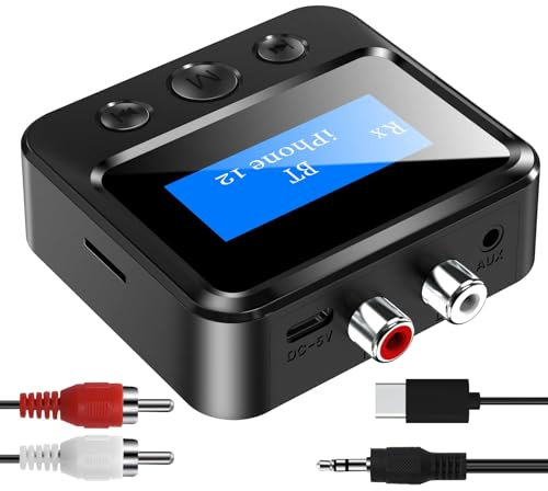 Ricevitore trasmettitore Bluetooth per TV, ricevitore Bluetooth per stereo domestico con RCA 3,5 mm AUX e display, adattatore audio musicale per cuffie/altoparlanti/aereo/Home Theater/PC/auto, con