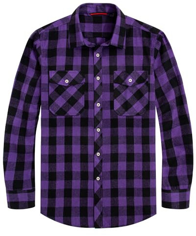 J.VER Flannel Shirt Checked Shirt Men Cotton Lumberjack Regular Fit Men's Long Sleeve Purple Plaid Shirt with Pockets 3XL