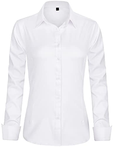 J.VER Womens Dress Shirts Long Sleeve Button Down Shirt Wrinkle-Free Business Casual Blouse Office Work Tops White Small
