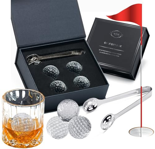 The Wine Savant Golf Ball Whiskey Coolers - Pack of 5 Men's Gift Set; Golfer's Chill Stones, Reusable Cooling Balls; Includes 4 Chilling Stones Ideal Golf-Themed for Men + Metallic Tongs & Box