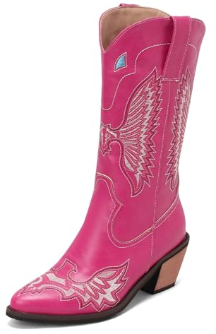Gicoiz Donna Classico a Collo Alto Ricamate Stivali da Cowboy Senza Chiusura Vintage Appuntito Inverno Casuale Warm Tacco a Blocco Stivali Western Tall Polacchine Rose-Rosso Numero 33 EU