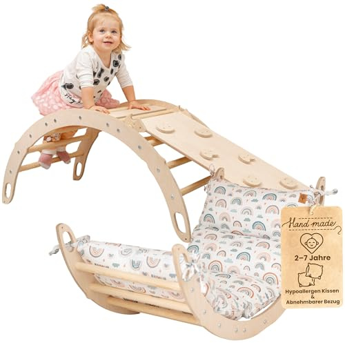 WoodsCraft Kletterbogen mit Kissen & 2in1: Rutsche Indoor/Kletterrampe | mit hypoallergen Kissen für Kletterbogen, holz Montessori Klettergerüst indoor spielgeräte, Babyrutsche & Rampe
