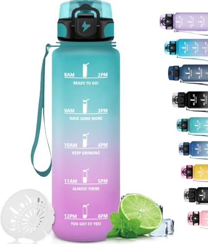 Grsta Gourde, Gourde Sport anti Fuite, Gourde Filtrante pour Running, Gourde Heure avec Slogan de Motivation, Bouteille Plastique 1l, Facile à Nettoyer, Bouteille d'eau pour Randonnée, Camping, Vélo