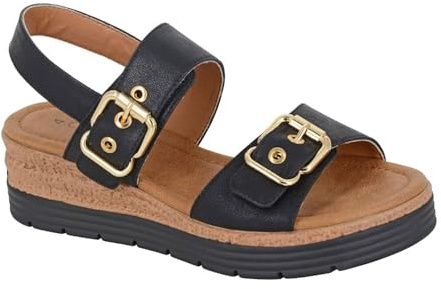 Cipriata L631 MILIA Womens Twin Buckle Touch Fastening Sandal (Black Metallic, UK Footwear Size System, Adult, Women, Numeric, Medium, 7)