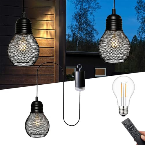 Lampada a sospensione a batteria con telecomando a batteria da appendere per esterni, impermeabile, 4 batterie AA, per gazebo, pergolato, portico, patio, interno/esterno, nero