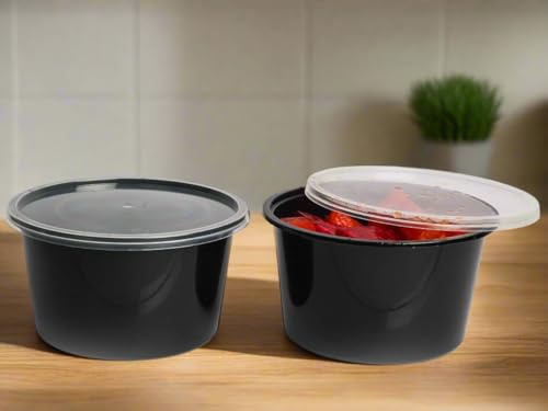 HOT BARGAINS 200 X 400ml Heavy Duty Round Food Containers with Lids – Black, BPA Free, Microwave & Freezer Safe, Leak-Proof Takeaway Storage (200, 400ml)