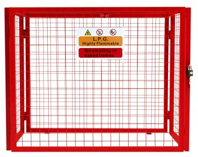 Gas Bottle Cage 92cm x 110cm x 50cm Collapsible Red Mesh Secure Lockable Storage Powder Coated Galvanised Steel 3mm Wire Thickness 3 x 19kg Cylinder Bottles FREE Warning Sign Padlock & 2 Keys