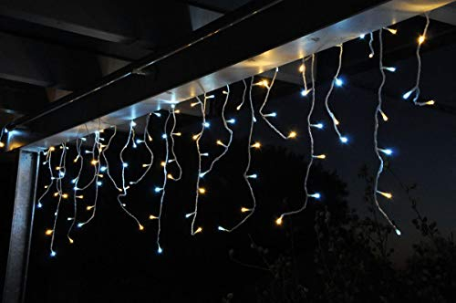 F-H-S International NEUHEIT 2018 LED Mix Eisregen Lichterkette Warmweiß Eisweiß Vorhang Weihnachtsbeleuchtung, Länge:12 m