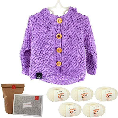 My Oma Baby Strickset -DIY Cardigan Sternschnuppe- weiße Weste Stricken - DIY Strickset Baby 5 Knäuel Merino Baby Wolle in Natur - Strickanleitung und GRATIS Myoma Label - Baby Stricken Anleitung