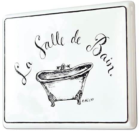 Loberon Deko-Schild La Salle de bain, wunderschöner Druck, nostalgischer Charakter, mit Vorrichtung zur Wandbefestigung, Badaccessoires, Wanddekoration, Eisen, weiß