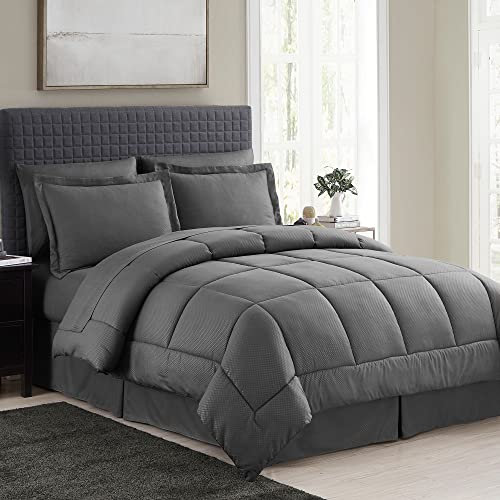 Bettwäsche-Set für King-Size-Betten, 8-teiliges Bett in Einer Tasche mit Bettrock, Spannbetttuch, Bettlaken, 2 Kissenbezügen, 2 Kissenbezügen, King-Size-Bett, Grau kariert
