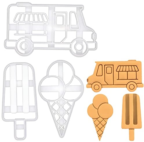 BAKERLOGY Set of 3 Ice Cream Themed Cookie Cutters (Ice Cream Truck, Cone, Popsicle) - 3D Printed, Dishwasher Safe, Ideal for 5mm Dough Thickness