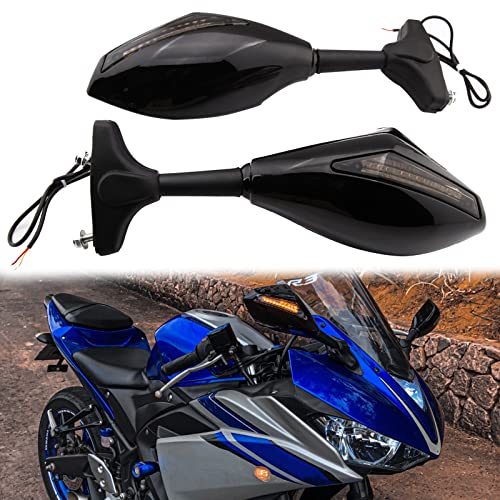 Motorrad Rückspiegel mit LED-Blinker Integrierter Indikator für CBR GSXR YZF Sportfahrrad Rennräder (Schwarz Glänzend + Rauchglas)