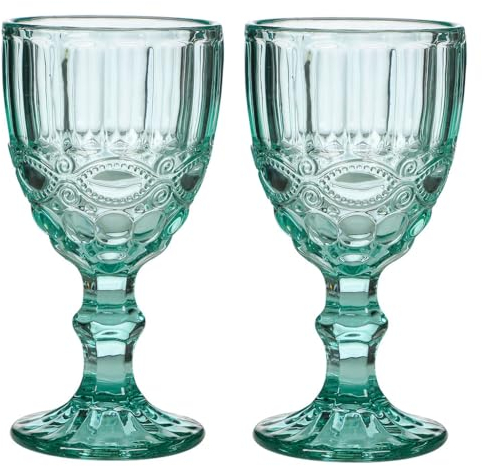 Set of 2 Wine Glasses Embossed 300ml Bevlled Glass Wine Goblets Wine Glass Set Alfresco Dining Glassware (CP49)