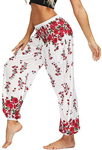 Nuofengkudu Damen Hippie Harems Hose Pumphose Haremshose Aladdinhosen Boho Gemustert Gesmockte Taille mit Taschen Yogahose Freizeithose Sommerhose Strandhose(Y-Weiß Geblümt,One Size)