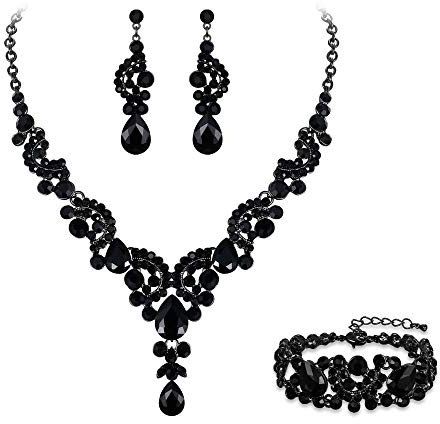 Ever Faith Wedding Jewellery Set for Women, Sparkly Rhinestone Crystal Vintage Floral Teardrop Brides Bridal Necklace Earrings Bracelet Sets Prom Party Costume Jewelry 3 Pcs Black Black-Tone