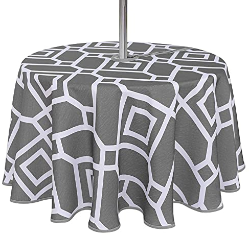 LUSHVIDA Marokkanische Tischdecke für drinnen und draußen, waschbar, wasserdicht, knitterfrei, mit Reißverschluss und Schirmloch für Frühling, Sommer, Party, Picknick, Grillen, 152.4 cm, Grau