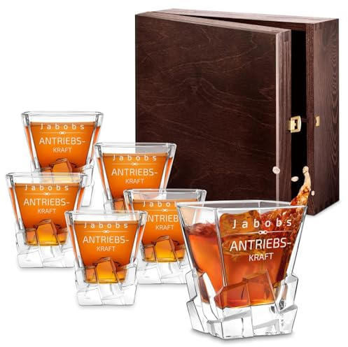 Maverton 6er Whiskygläser Set mit Gravur, 250ml personalisiert | Edles Kristallglas, zum Geburtstag, für Männer, Whiskey Gläser Set mit luxuriösem Design, Antriebskraft