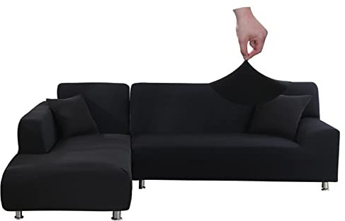 Jaotto Sofa Überwürfe Sofabezug Elastische Spandex Stretch Sofabezüge Couchbezug für L-Form Sofa Universal Waschbar Sofaüberwurf 2er Antirutsch(3 Sitzer+4 Sitzer,Schwarz)