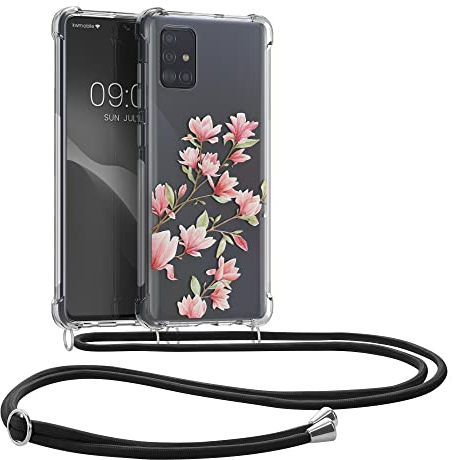 kwmobile Necklace Case kompatibel mit Samsung Galaxy A71 Hülle - Silikon Cover mit Handykette - Rosa Weiß Transparent Magnolien