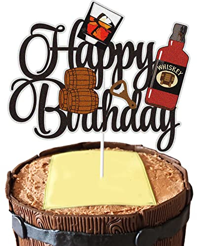 Whiskey Happy Birthday Cake Topper Black Glitter Beers Wine Glass Cake Decor Celebrating Aged to Perfection Theme Birthday Party Decoration Supplies for Men Women