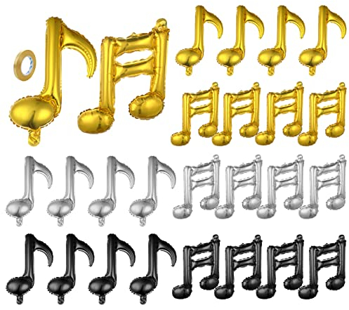24 Stück Musiknoten Ballons, 3 Farben Musiknoten Aluminium Folienballons, Noten Ballons Deko für Musik-Mottoparty Geburtstagsdekoration Tanzparty Zuhause Outdoor-Party Feiern (Silber, Gold, Schwarz)