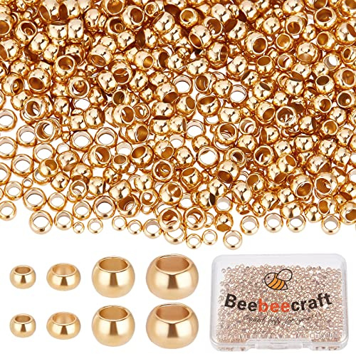 Beebeecraft 1 Box 800Pcs Gold großes Loch Perlen 24K Gold plattiert Edelstahl Runde Ende Spacer Perlen für Armband Schmuck Machen DIY (1,5/2/2,5/3mm)