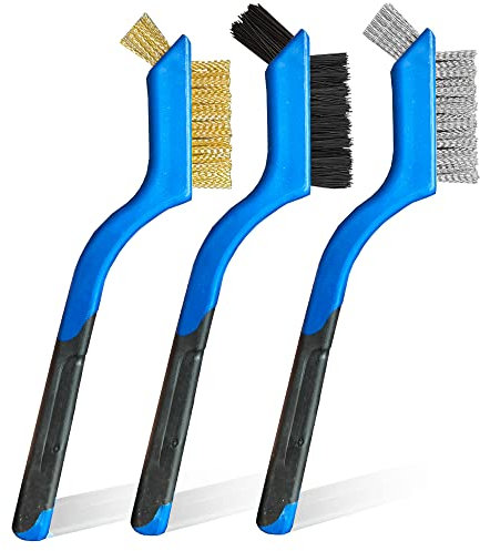 3Pcs Stainless Steel/Brass/Nylon Brushes Set 7inch - Small Mini Wire Metal Scratch Brush for Cleaning Rust, Drill, Small Spaces, Polishing (Blue)