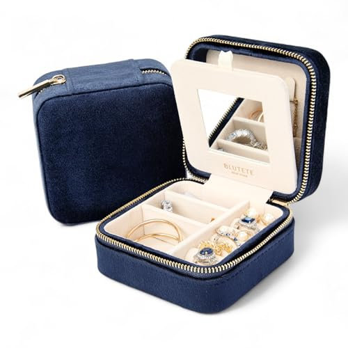 BLUTETE Travel Jewelry Box Organizer Velvet Travel Case With Mirror Ring Earrings Necklaces Storage Organizer Box (Navy Velvet)