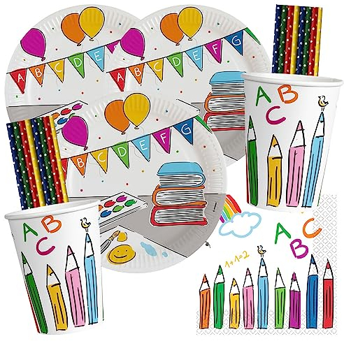 spielum 68-teiliges Party-Set Schulstart - Einschulung - Teller Becher Servietten Trinkhalme für 16 Personen