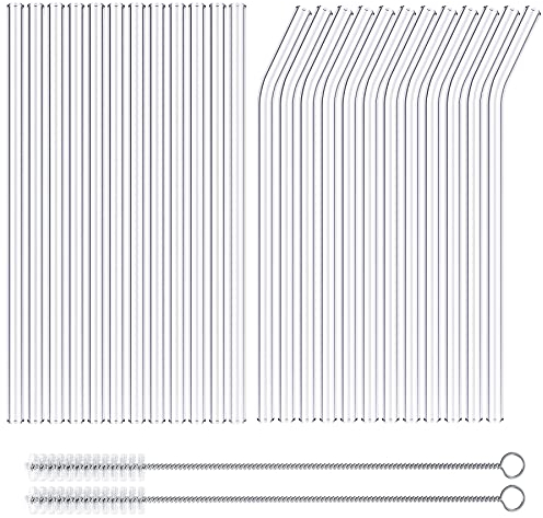 Strohhalme Glas, 24 Strohhalme Wiederverwendbar, Dauerhaft Glasstrohalme, Wiederverwendbar Glasröhrchen (12 Gerade Glasstrohhalme und 12 Gebogene Glasstrohhalme mit 2 Reinigungsbürsten) MEHRWEG