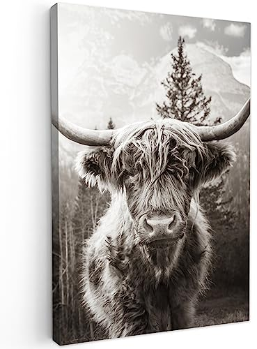 MuchoWow© Leinwand Groß 80x120 cm XXL Deko Schlafzimmer Aesthetic Leinwandbilder Wohnzimmer Gemälde Foto Geschenk Living Room Decoration Schottisches Hochlandrind - Kuh Bild - Tiere - Schwarz und Weiß