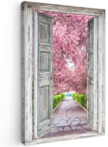 MuchoWow© Leinwand 40x60 cm Deko Schlafzimmer Aesthetic Leinwandbilder Wohnzimmer Gemälde Foto Geschenk Living Room Decoration Sakura - Fensterblick - Baum - Kirschblüte