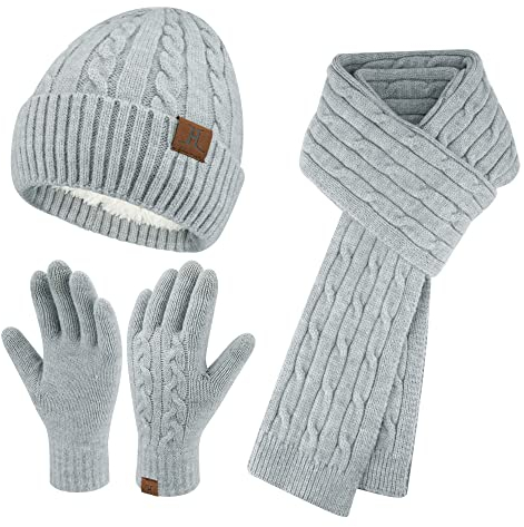 ZASFOU Damen Winter Mütze Schal Touchscreen Handschuhe Set Thermo Strickmütze Beanie Wintermütze Schals Winterschal Winterhandschuhe Geschenk für Frauen