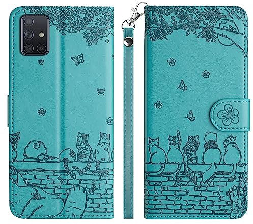 Aisenth Handyhülle für Samsung Galaxy A51 4G SM-A515F, Katze, Schmetterlings Muster Leder Handytasche Brieftasche Klapphülle Etui Schutz Hülle mit Ständer, Magnet, Kartenfächer -Blau Grün