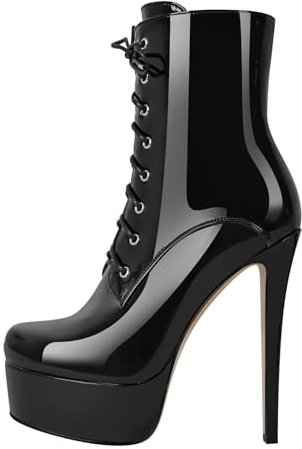 blingqueen Plateau Schnürstiefeletten Damen Stiletto Stiefeletten Ankle Boots Lack Schwarz 36 EU