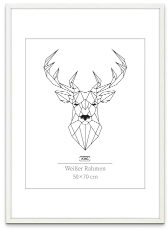 KHG Bilderrahmen aus MDF-Holz mit stabilem Glas und Passepartout, zum Aufhängen oder Hinstellen, Ideal für Portraits, Urkunden, Poster - weiß, 50x70 cm