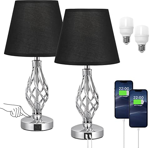 Kakanuo Nachttischlampe Touch Dimmbar 2er Set, Tischlampe mit USB A+Typ-C-Anschlüsse 2 Dimmbare LED-Birnen, Schwarz Lampenschirm Metallfuß, Lampen für Schlafzimmer Wohnzimmer Büro Hotel