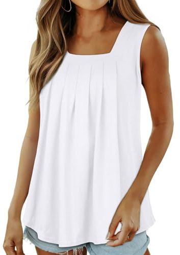 Womens Vest Tops Summer Sleeveless Square Neck Tank Top Loose Tunic | soft and breathable, casual relaxed fit, pleated front design, flowy camisole vest shirts for daily wear