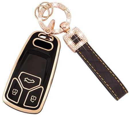 Koaudb Auto-Schlüsselanhänger-Abdeckung für Audi A4 A5 S4 RS4 RS5 Q5 Q7 TT TTS TT-RS 3-Tasten-Schlüsselabdeckung weiche TPU-Schlüsselhülle mit Leder-Schlüsselanhänger Lanyard Schwarz-Gold (BP-Ad-2+1)