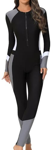 SEAUR Trajes de Surf Deportivos con Cremallera Mujer Bañador de Buceo Protección Solar Rashguard Completo 1 Pieza para Kayak Playa Piscina Negro 2 XXL