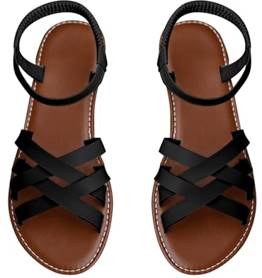 Sandales d'été pour femmes, en cuir, élégantes, plates, modernes, légères, avec élastique, confortables, sandales de plage, Noir , 40 EU