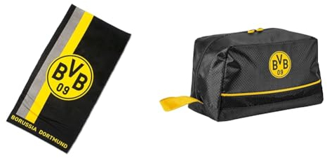 Borussia Dortmund Duschtuch mit Logo im Streifenmuster, Baumwolle, Schwarz/Gelb, 70 x 140 cm & Unisex – Erwachsene BVB Kulturbeutel, Fanartikel in schwarzgelb, schwarz, 27 x 14 x16 cm