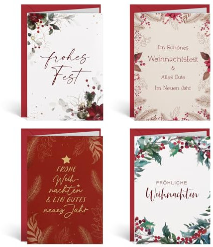 BETESSIN 12er Weihnachtskarten mit Umschlag Set - Frohe Weihnachten Karte mit Weihnachtsmotiv - Din A6 Klappkarten Blanko mit Umschlägen und Aufklebern - Premium Postkarten Weihnachten