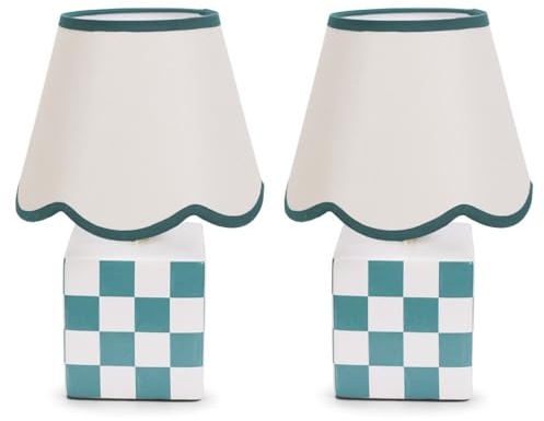 ValueLights | Pair of - Forest Green Cube Checkered Base Ceramic Table Lamp with Scallop Tapered Lampshade Bedside Light - LED Bulbs Included | Table Lamps & Home Improvements Essential