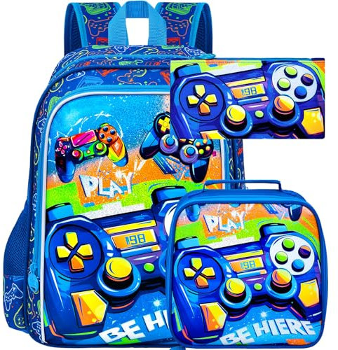 ZLYERT 16 Gamer Backpack for Boy, 3Pcs Gaming Kids Bookbag for Elementary Preschool Kindergarten, School Backpacks with Lunch Box(Blue), Game Green, One Size, Daypack Backpacks