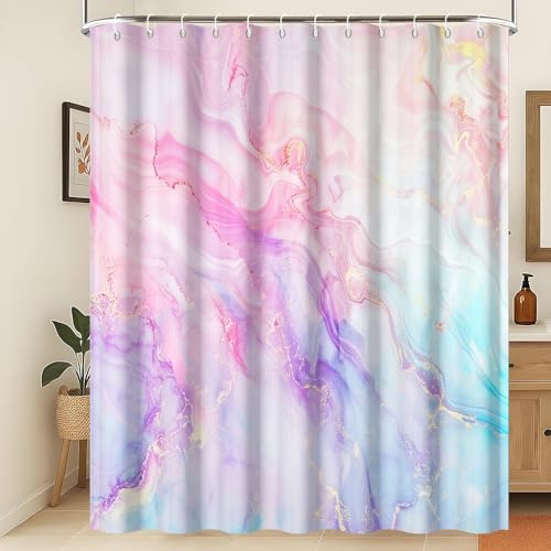 Xiaoterna Marble Shower Curtain Colorful Blue Pink Purple Gold Glitter Marble Shower Curtains Luxury Watercolor Ink Art Bathroom Curtains Washable Waterproof Fabric Bathroom Decoration 150x180cm