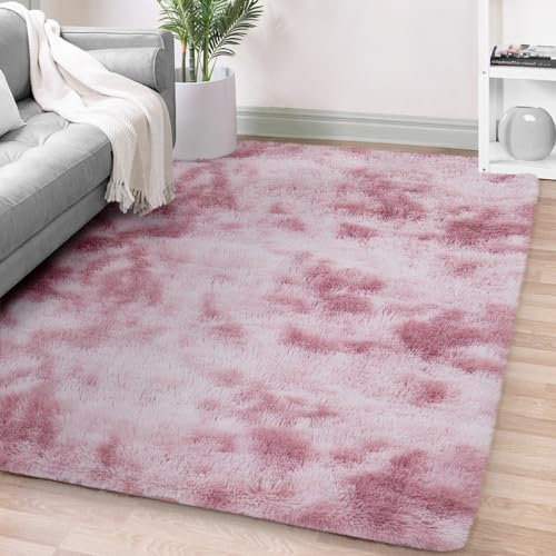 FVVRAX Bereich Teppiche für Schlafzimmer Wohnzimmer, Tie-Dyed rosa flauschig Fuzzy Shag Shaggy Teppich weichen Plüsch Teppich, 120x180 cm Indoor-Boden Teppich für Kinder Home Decor Ästhetik