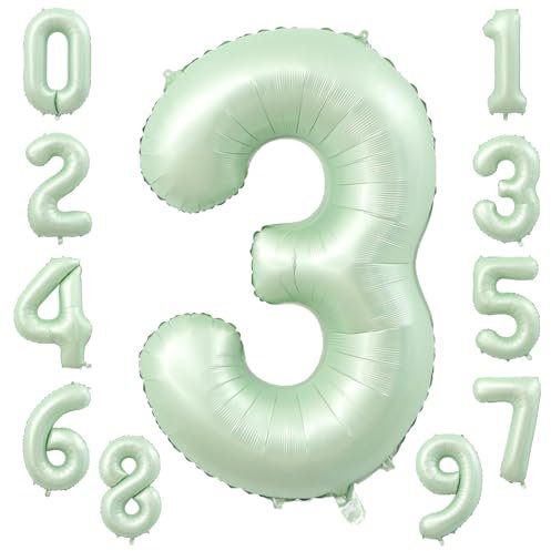 KOBOKO Zahlen Luftballon 3 Jahre Grün, 40 Zoll Salbeigrün Folienballon 3 Geburtstag, Olivgrün Zahlenballon Geburtstagsdeko 3 Jahre Mädchen Junge, Zahl 3 Helium Ballon für Kinder Deko 3. Geburtstag