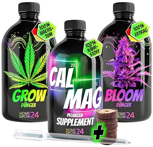 Homegrow24 Cannabis Dünger-Set Trio, für die ganzheitliche Pflege von Cannabis-Pflanzen, 3er Set je 500 ml, für reiche Ernte und gesunde Pflanzen